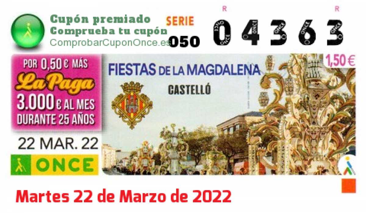 Cupón ONCE premiado el Martes 22/3/2022