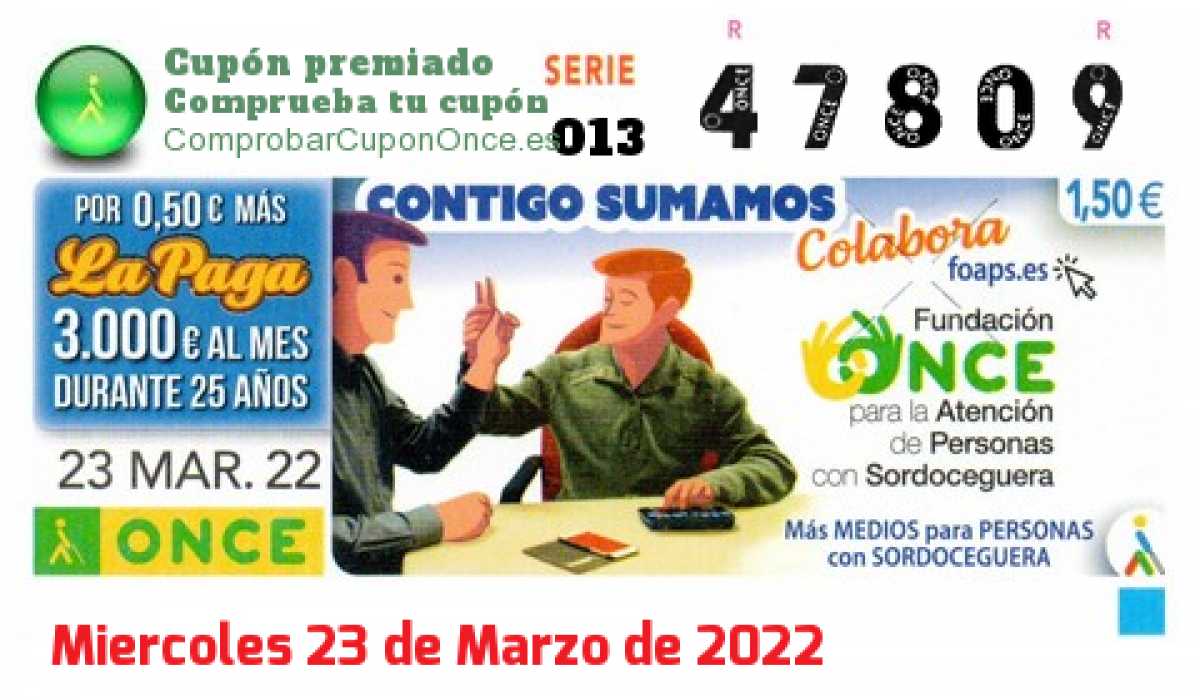 Cupón ONCE premiado el Miercoles 23/3/2022