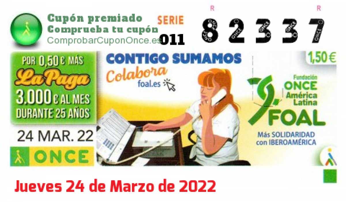 Cupón ONCE premiado el Jueves 24/3/2022