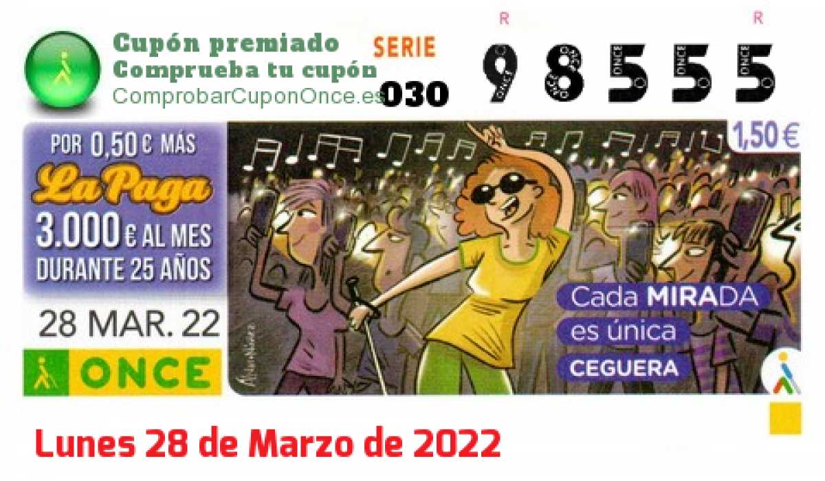 Cupón ONCE premiado el Lunes 28/3/2022