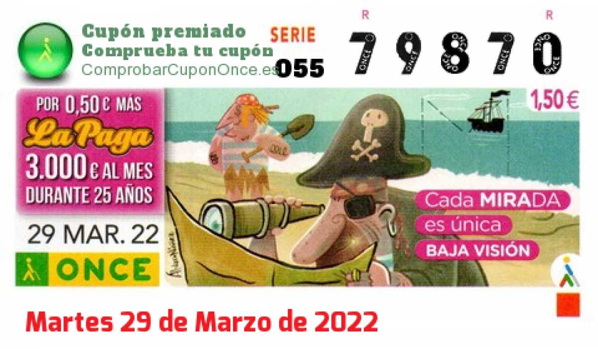 Cupón ONCE premiado el Martes 29/3/2022