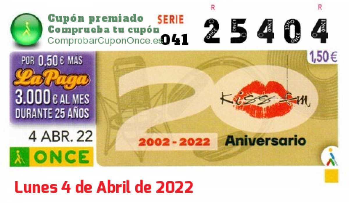 Cupón ONCE premiado el Lunes 4/4/2022