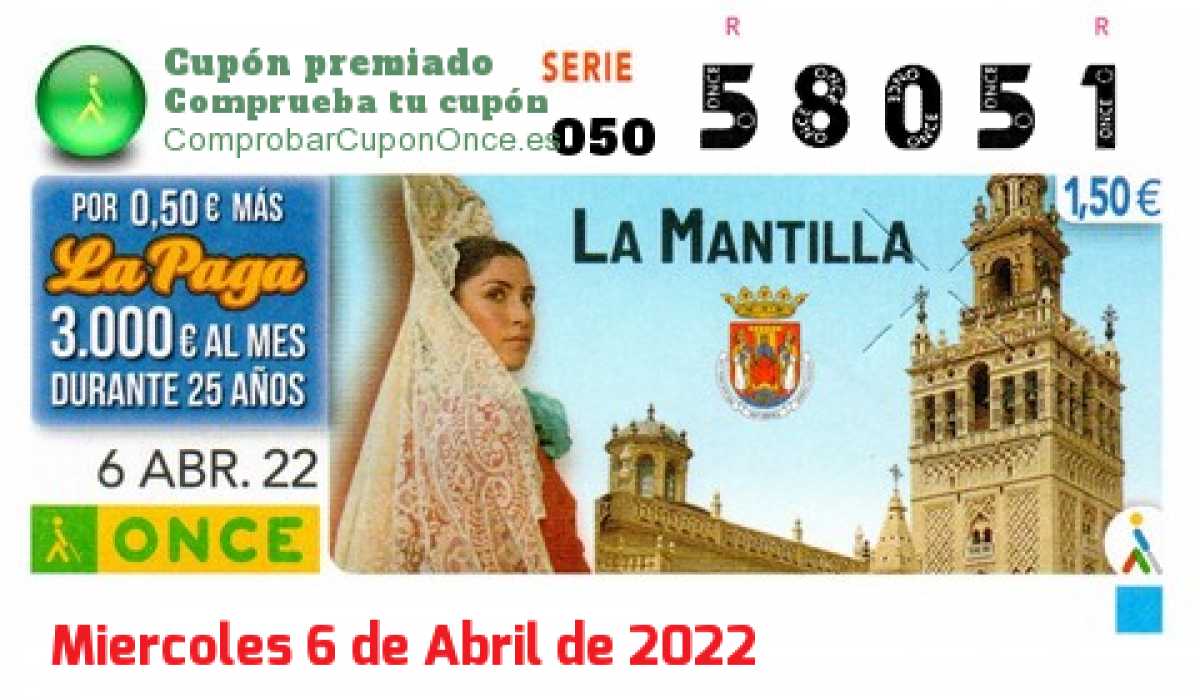 Cupón ONCE premiado el Miercoles 6/4/2022