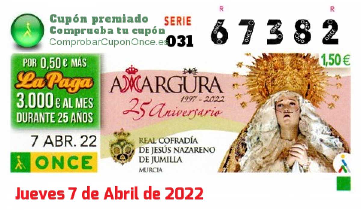 Cupón ONCE premiado el Jueves 7/4/2022