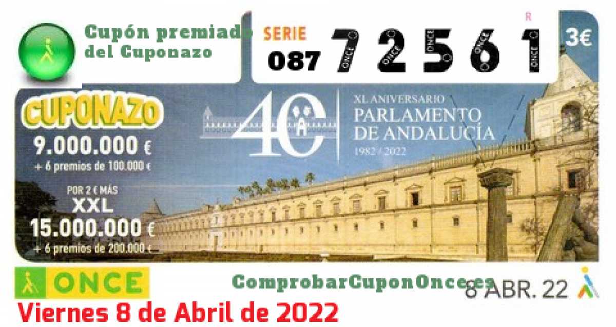 Cuponazo ONCE premiado el Viernes 8/4/2022