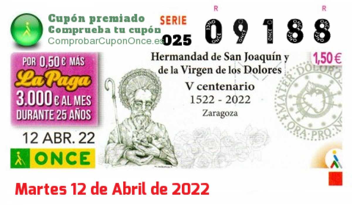 Cupón ONCE premiado el Martes 12/4/2022
