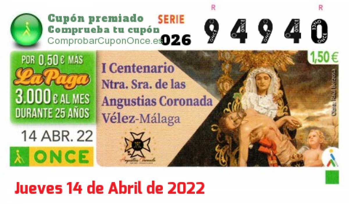 Cupón ONCE premiado el Jueves 14/4/2022