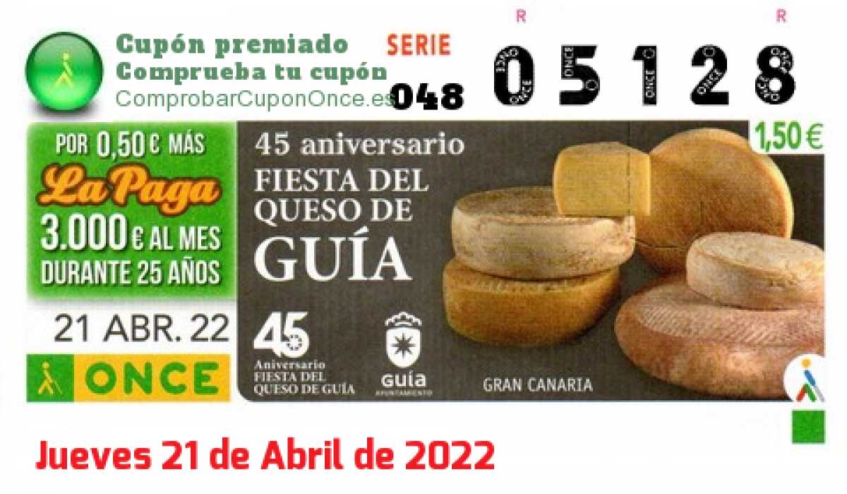 Cupón ONCE premiado el Jueves 21/4/2022