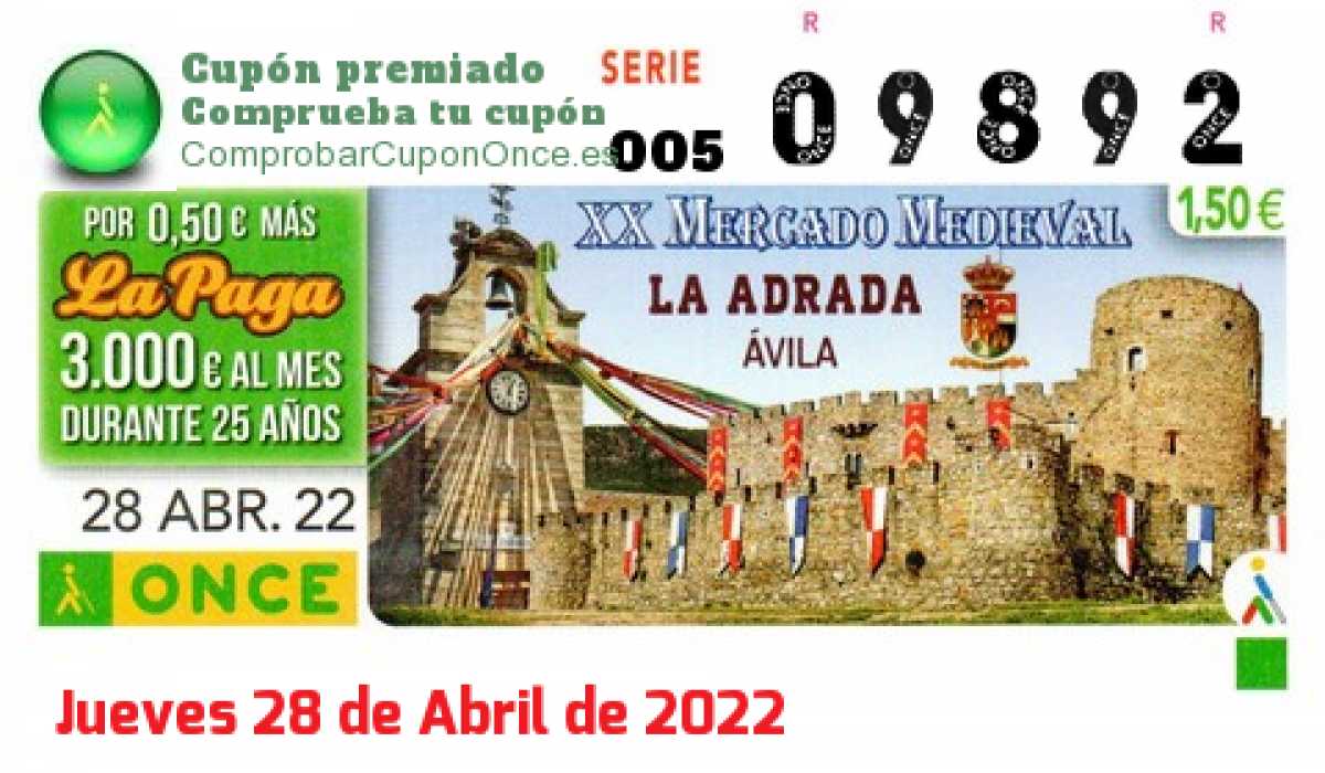 Cupón ONCE premiado el Jueves 28/4/2022