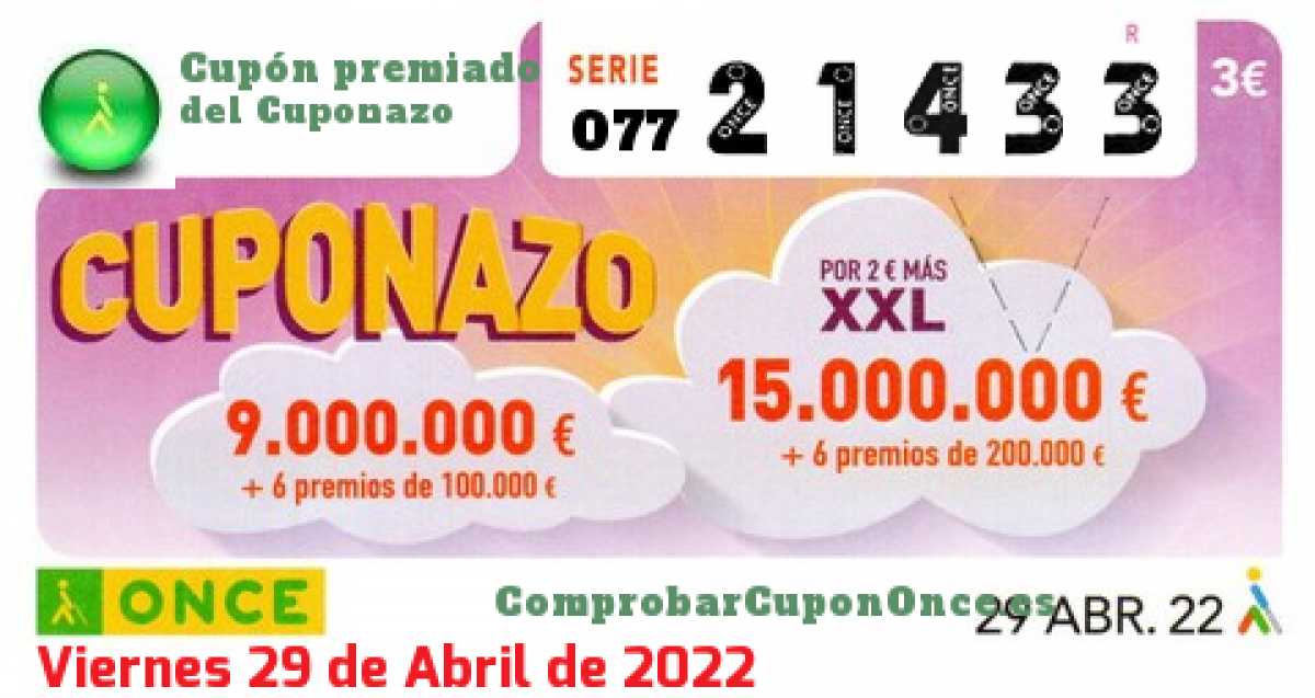Cuponazo ONCE premiado el Viernes 29/4/2022