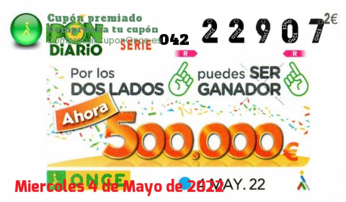 Cupón ONCE premiado el Miercoles 4/5/2022