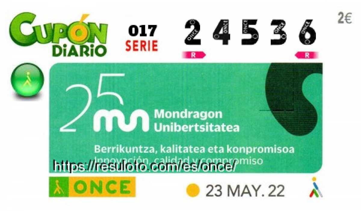 Cupón ONCE premiado el Lunes 23/5/2022