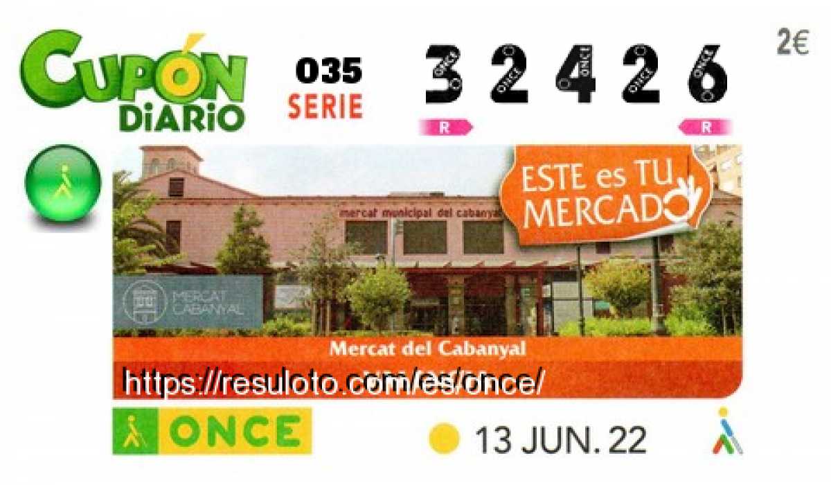 Cupón ONCE premiado el Lunes 13/6/2022