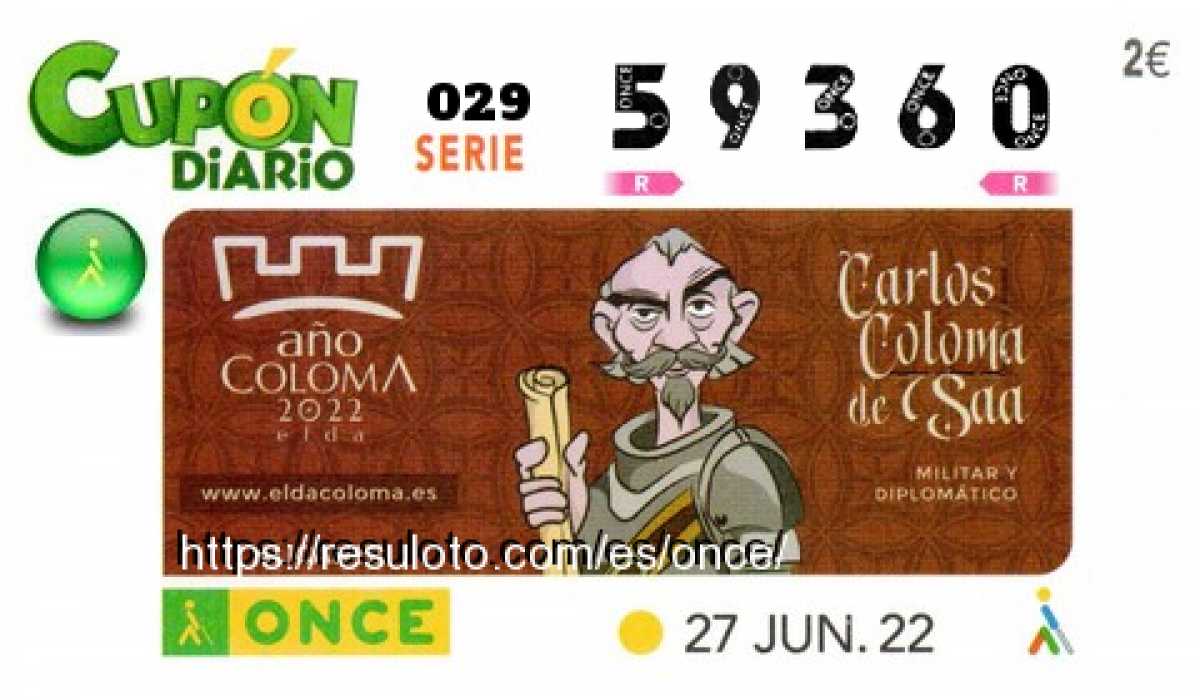 Cupón ONCE premiado el Lunes 27/6/2022