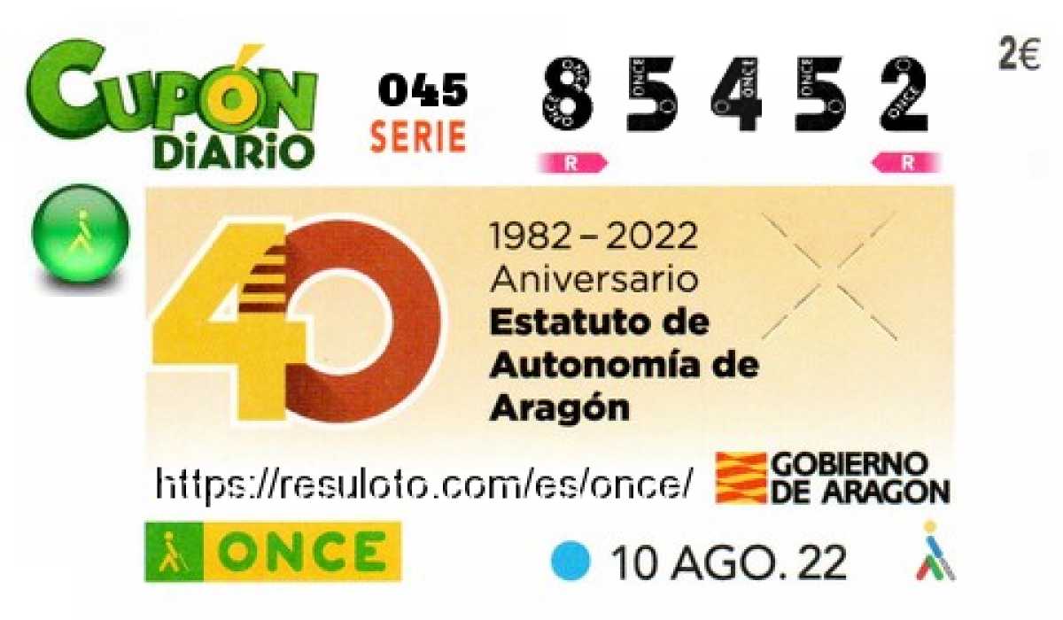 Cupón ONCE premiado el Miercoles 10/8/2022