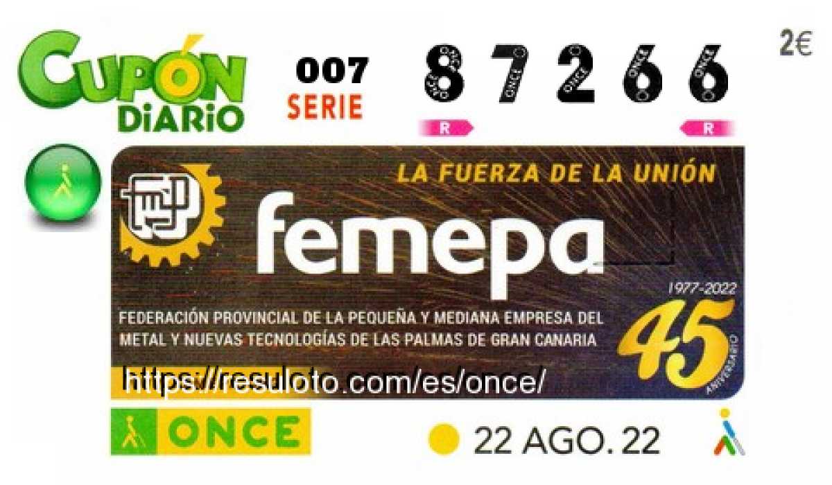 Cupón ONCE premiado el Lunes 22/8/2022