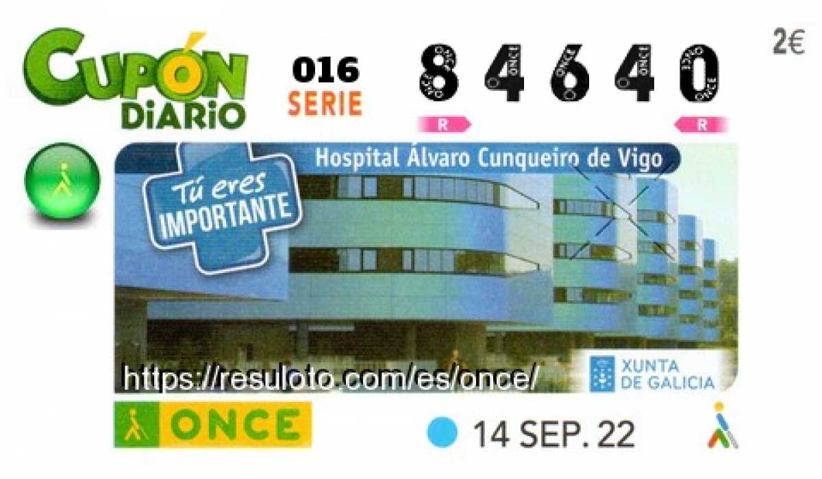 Cupón ONCE premiado el Miercoles 14/9/2022