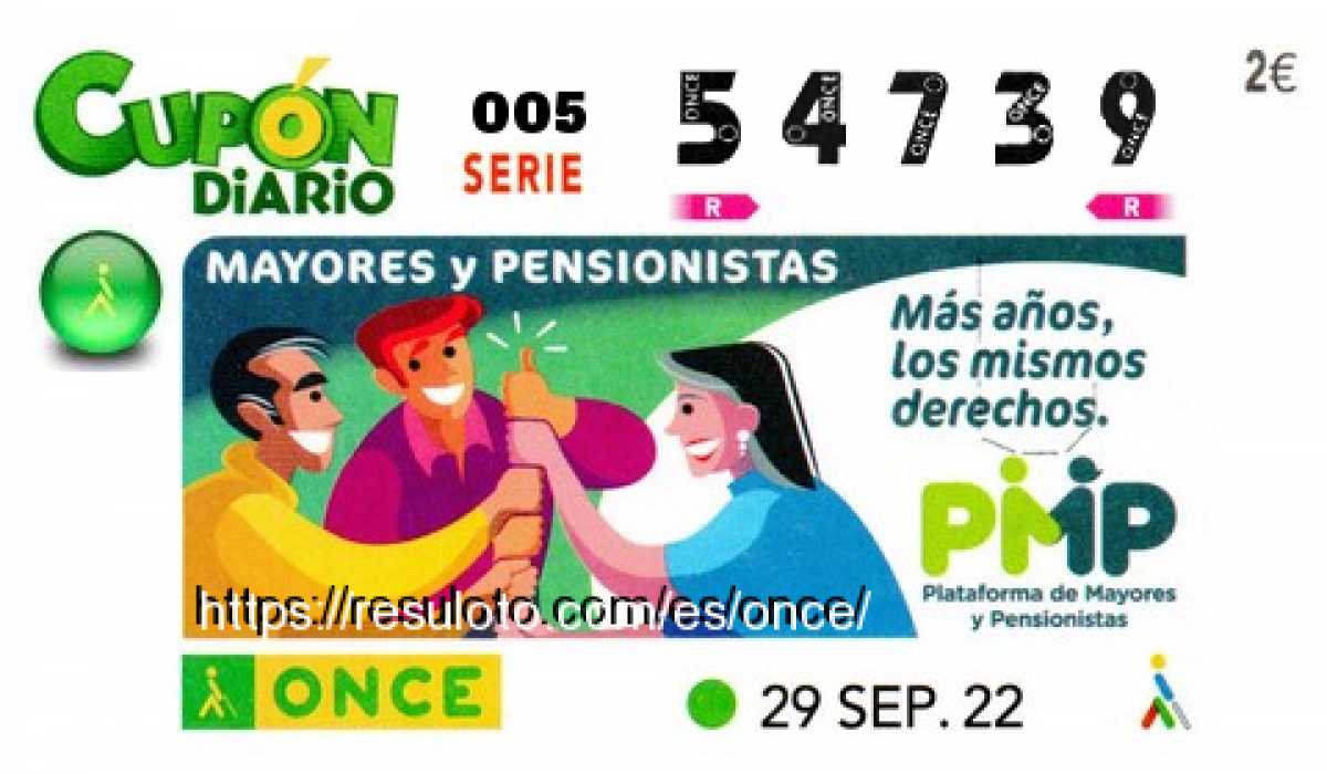 Cupón ONCE premiado el Jueves 29/9/2022