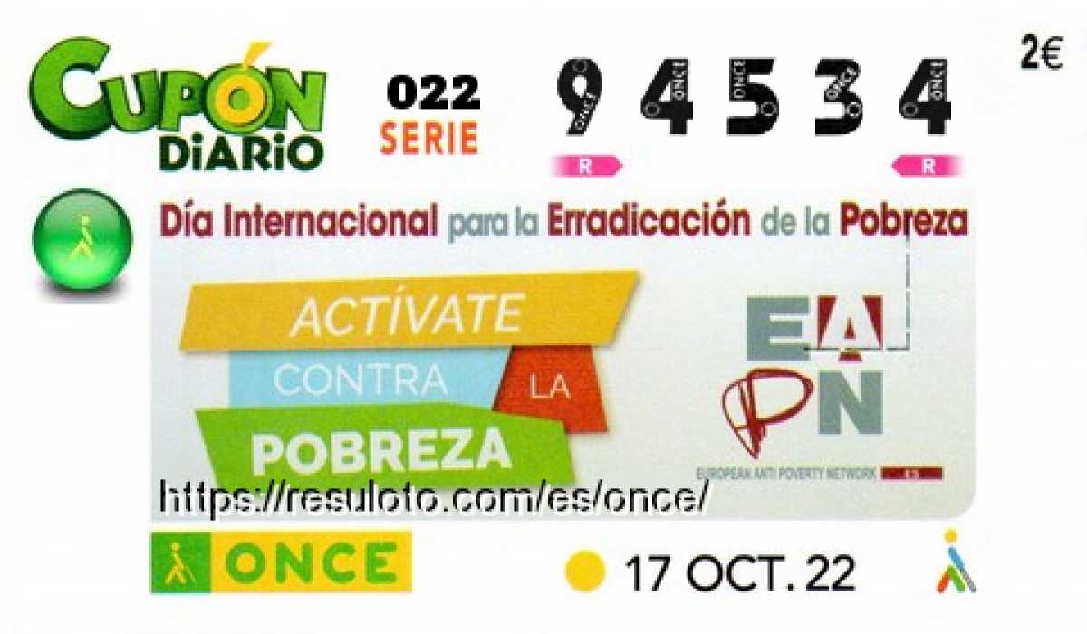 Cupón ONCE premiado el Lunes 17/10/2022