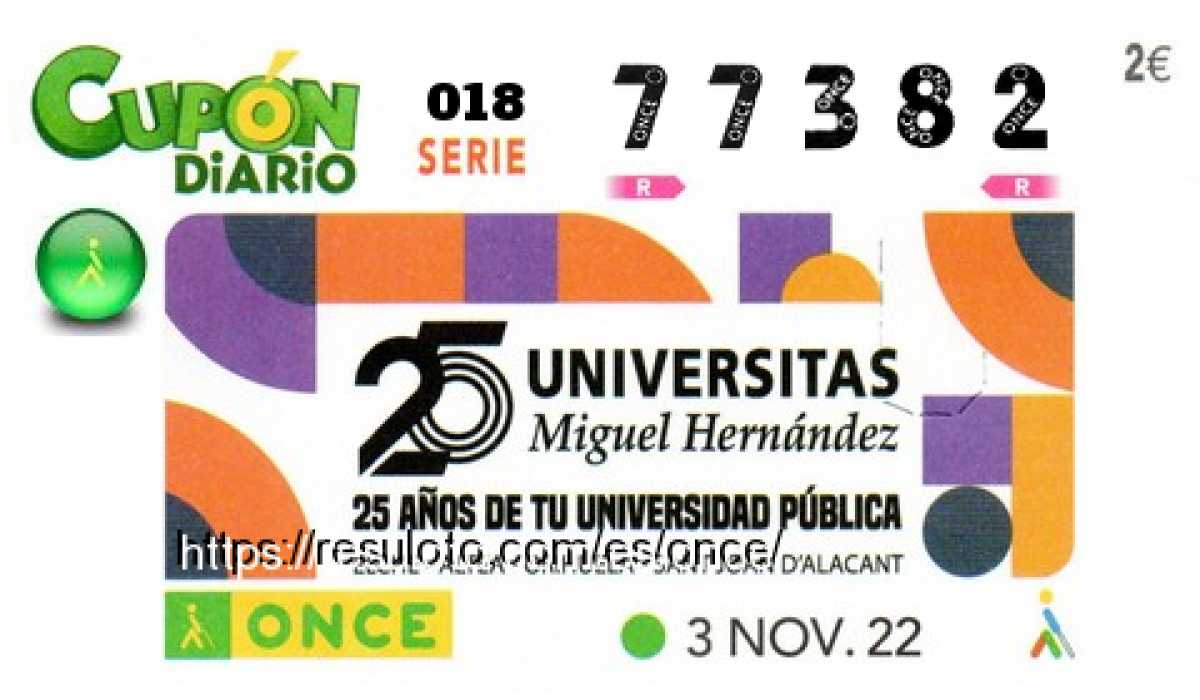 Cupón ONCE premiado el Jueves 3/11/2022