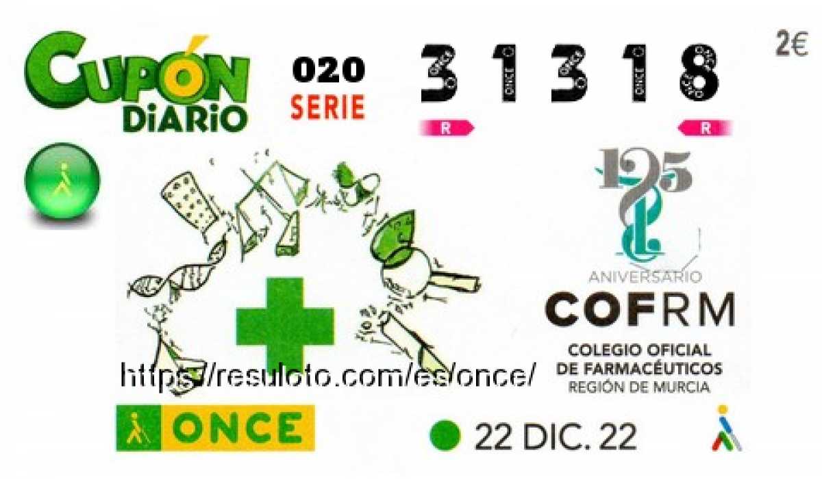 Cupón ONCE premiado el Jueves 22/12/2022