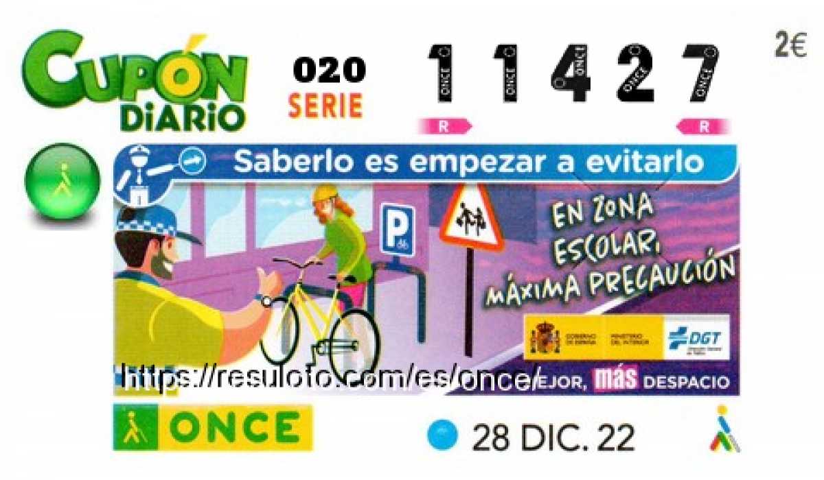 Cupón ONCE premiado el Miercoles 28/12/2022