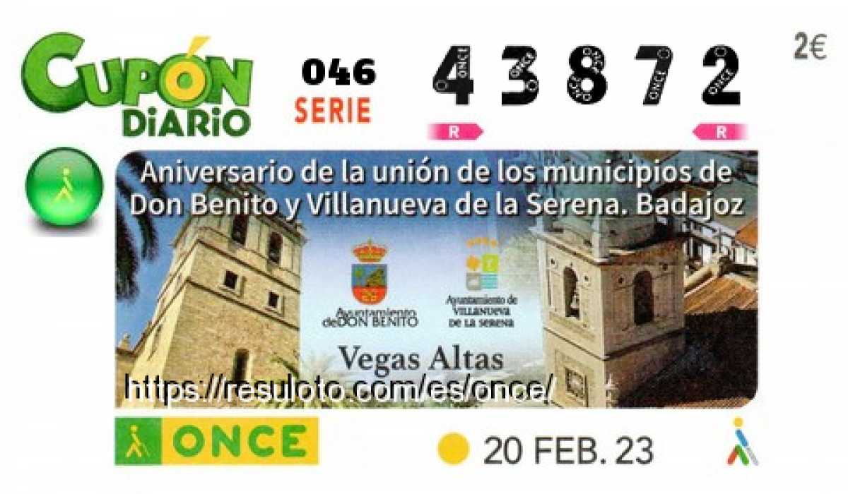 Cupón ONCE premiado el Lunes 20/2/2023