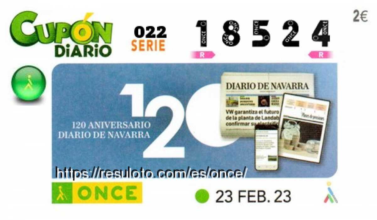 Cupón ONCE premiado el Jueves 23/2/2023