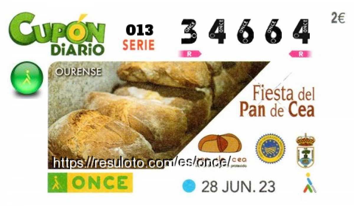 Cupón ONCE premiado el Miercoles 28/6/2023