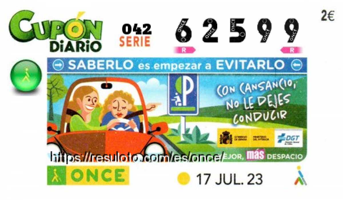 Cupón ONCE premiado el Lunes 17/7/2023