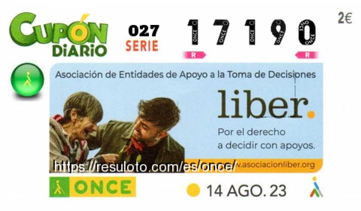 Cupón ONCE premiado el Lunes 14/8/2023