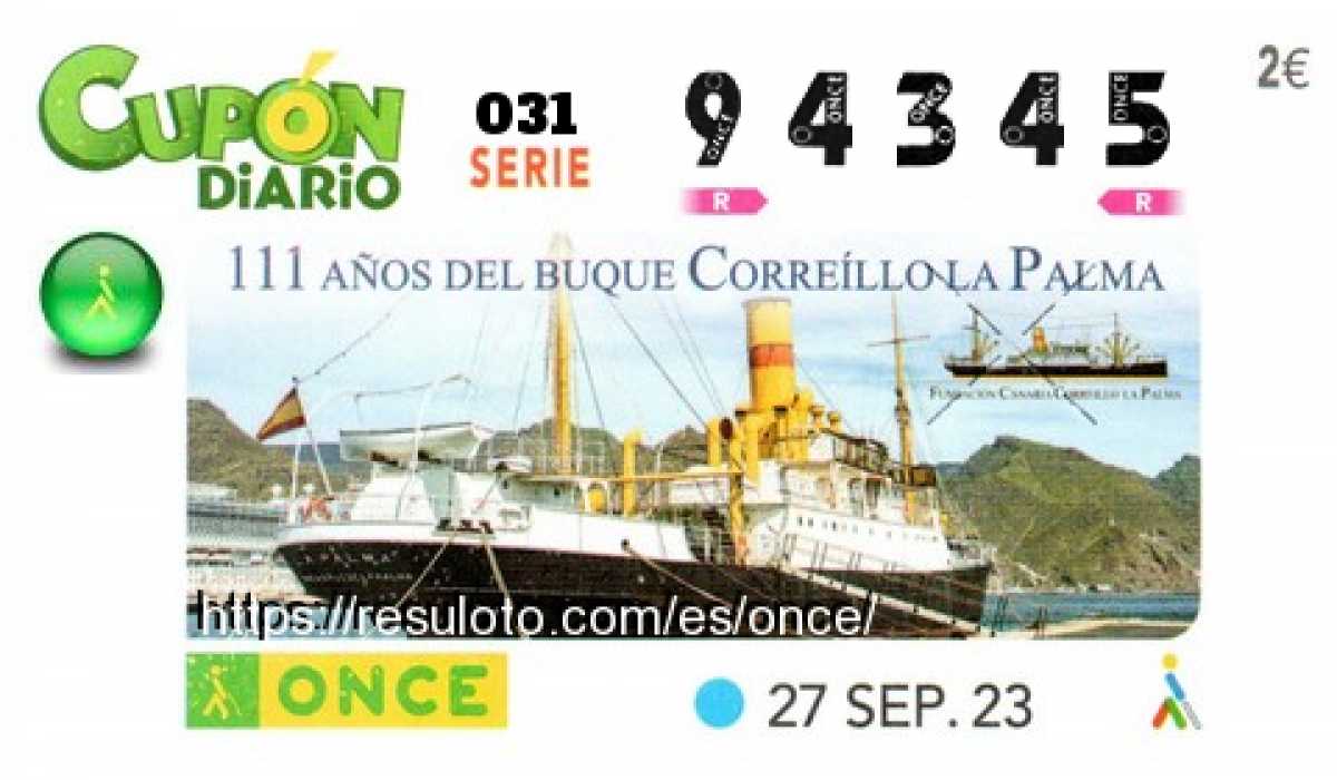 Cupón ONCE premiado el Miercoles 27/9/2023