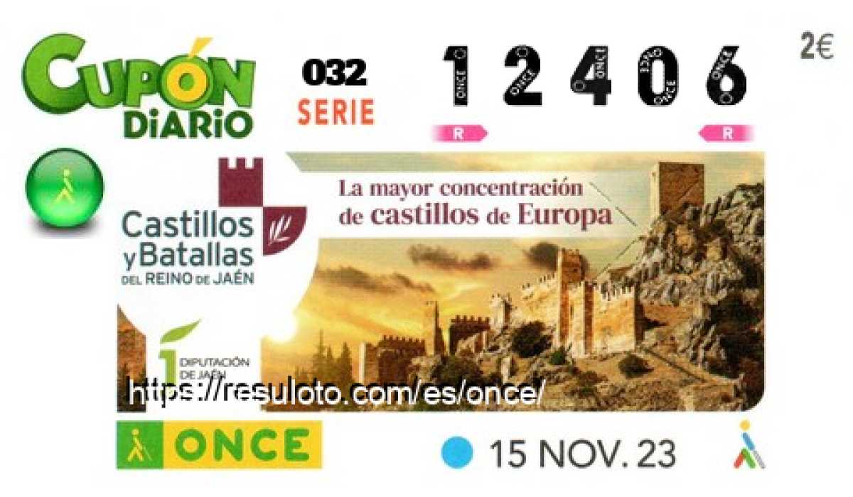 Cupón ONCE premiado el Miercoles 15/11/2023