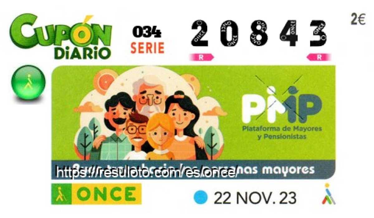 Cupón ONCE premiado el Miercoles 22/11/2023