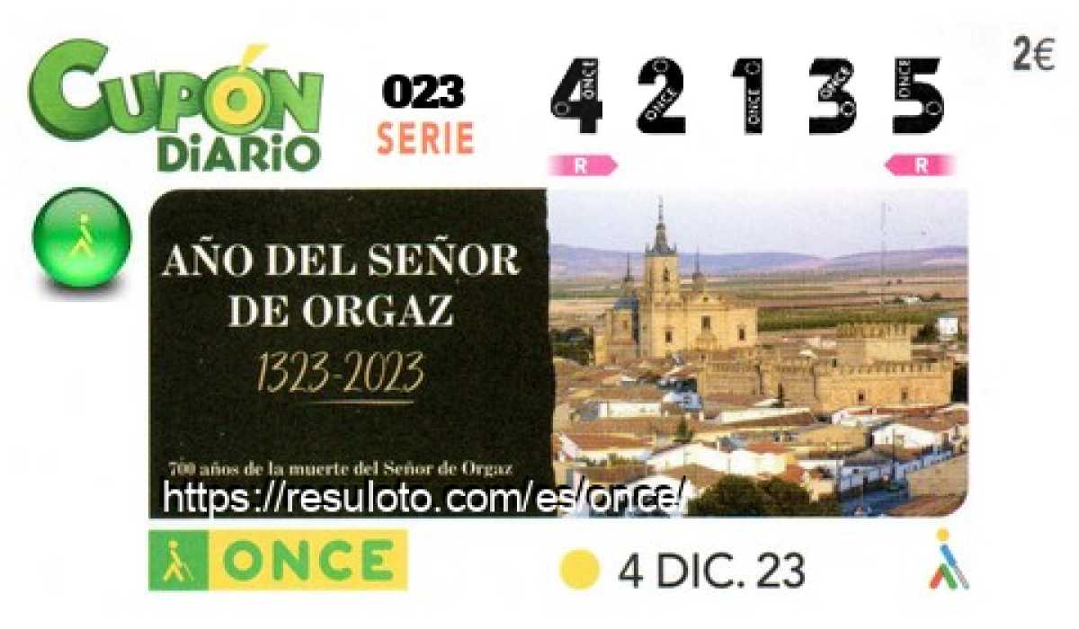 Cupón ONCE premiado el Lunes 4/12/2023