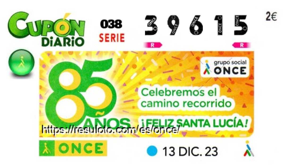 Cupón ONCE premiado el Miercoles 13/12/2023