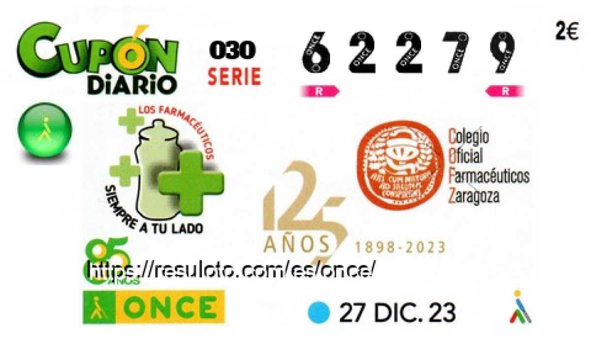 Cupón ONCE premiado el Miercoles 27/12/2023