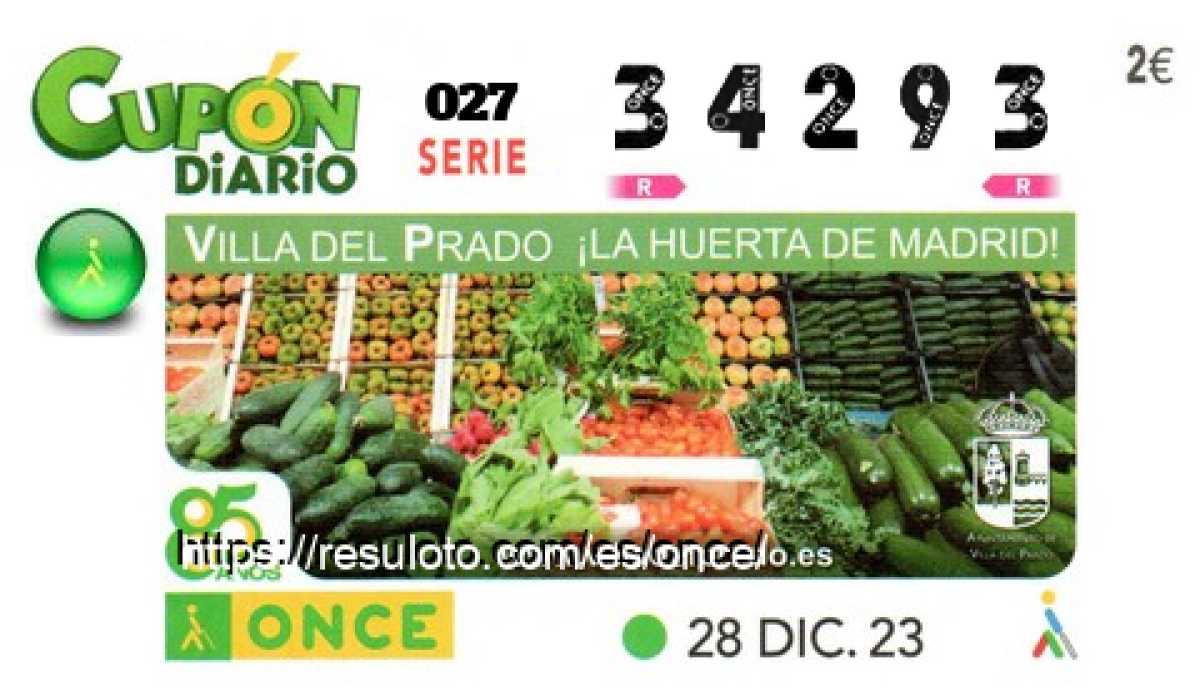 Cupón ONCE premiado el Jueves 28/12/2023