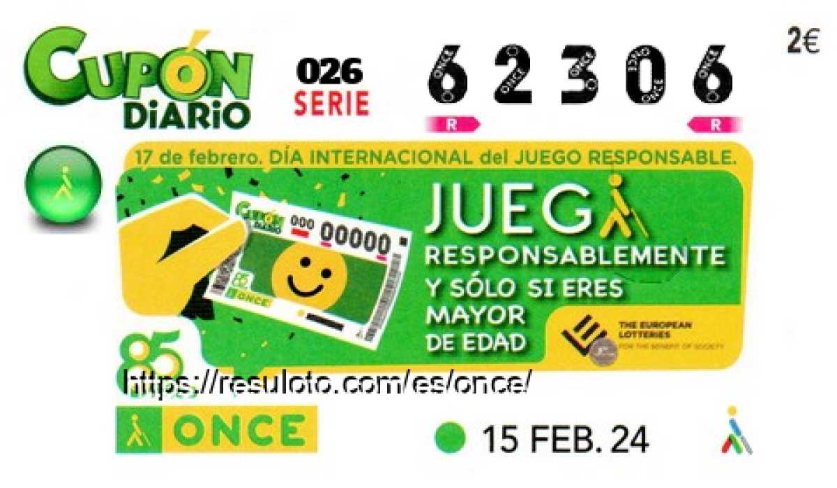 Cupón ONCE premiado el Jueves 15/2/2024