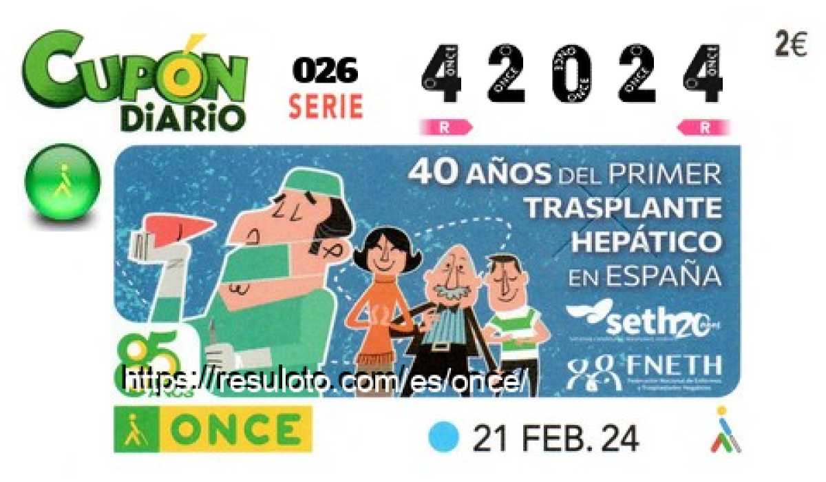 Cupón ONCE premiado el Miercoles 21/2/2024