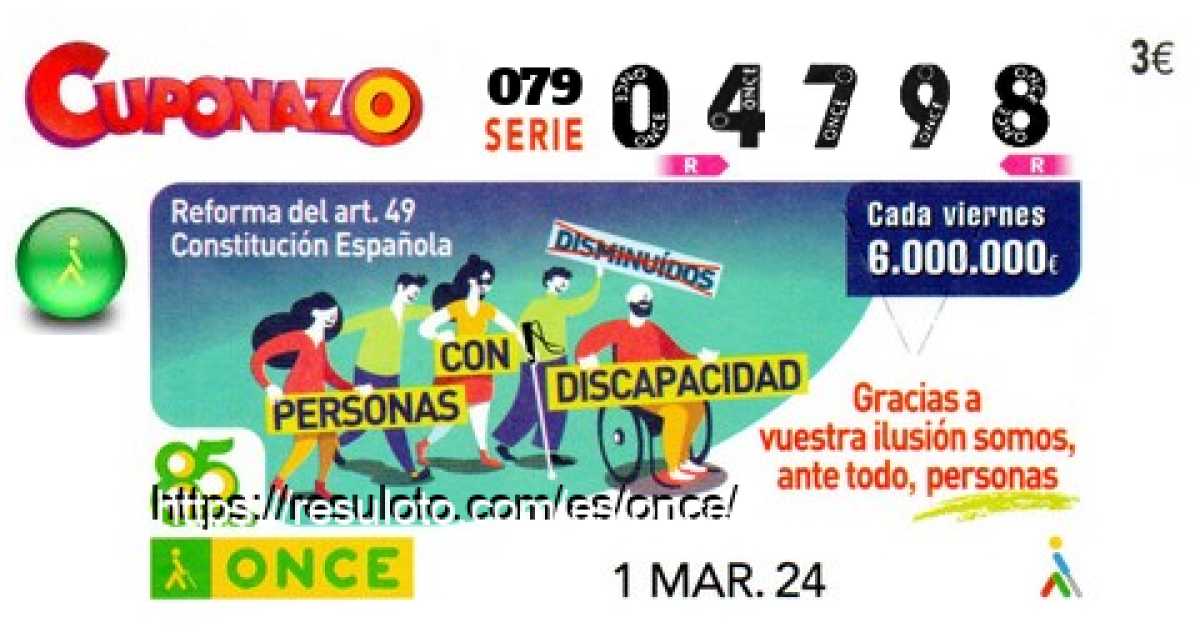 Cuponazo ONCE premiado el Viernes 1/3/2024