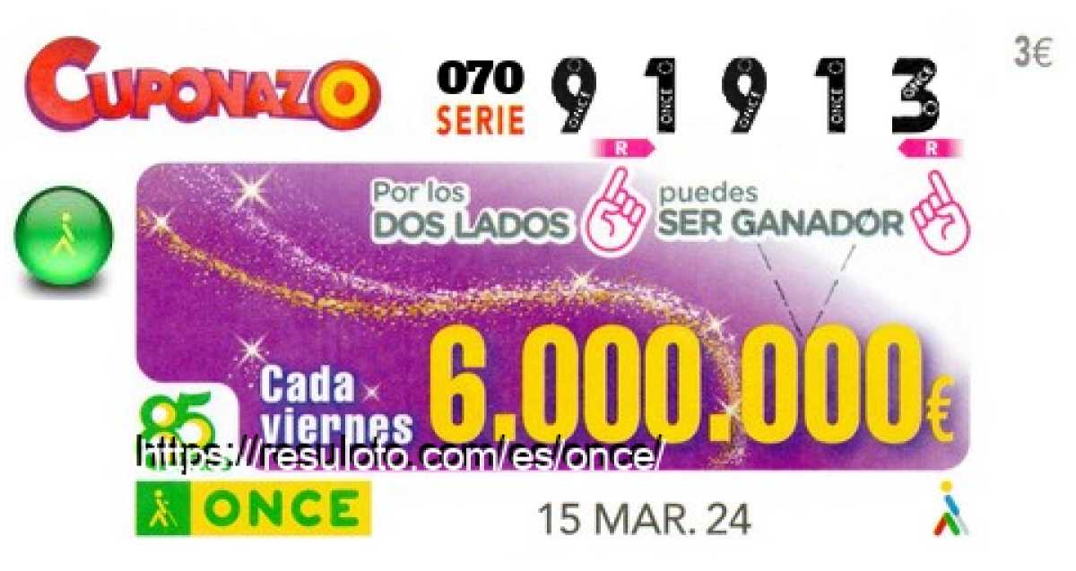 Cuponazo ONCE premiado el Viernes 15/3/2024