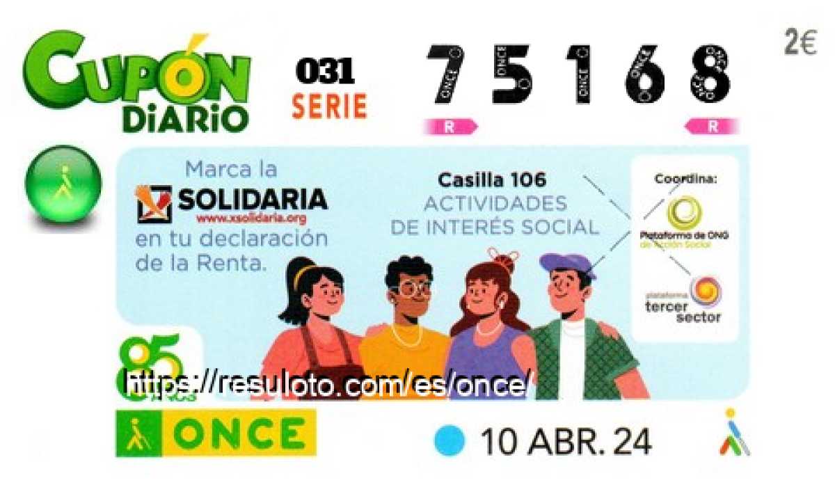 Cupón ONCE premiado el Miercoles 10/4/2024