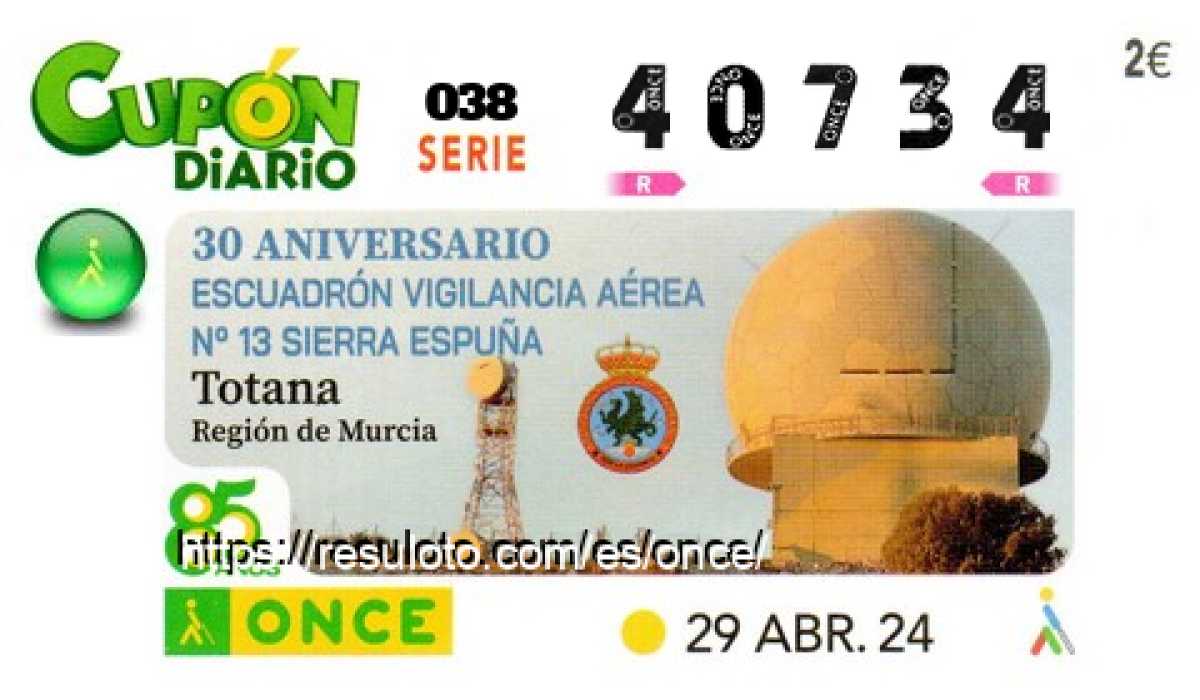 Cupón ONCE premiado el Lunes 29/4/2024