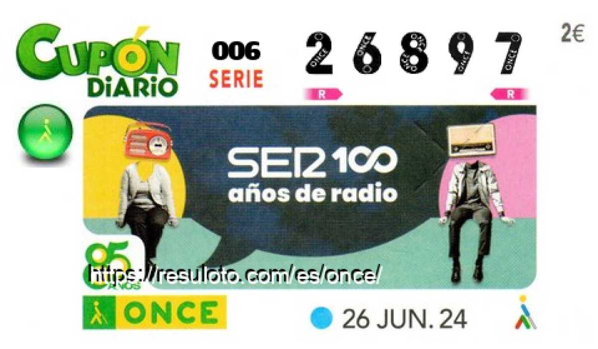 Cupón ONCE premiado el Miercoles 26/6/2024