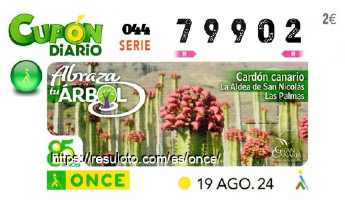 Cupón ONCE premiado el Lunes 19/8/2024