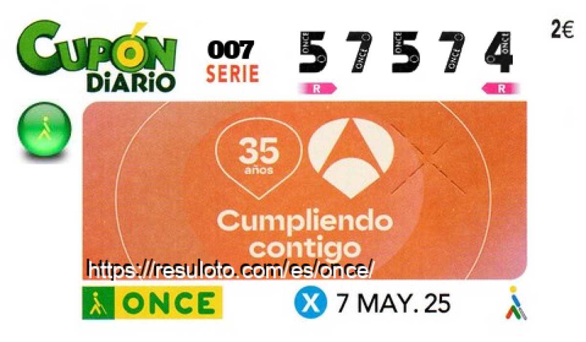 Cupón ONCE premiado el Miercoles 7/5/2025